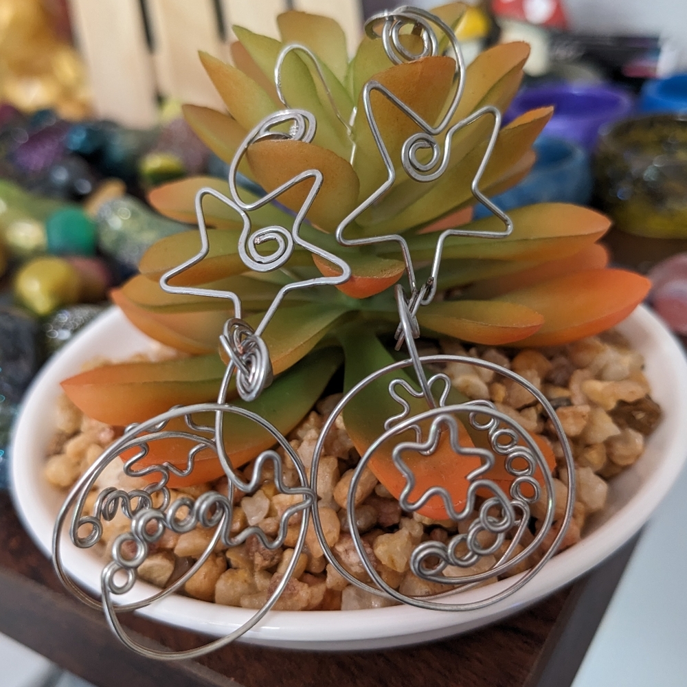 Stars & Moon Earrings Wire Wrapped Silver 3D Unique Star Handmade Artisan Sky